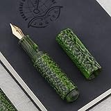 Majohn Wancai Mini Fountain Pen, Iridium Fine Nib Green Acrylic Travel Pocket Pen, short Size Eyedropper Ink Bottle Filling with 6 Black Cartridges Set