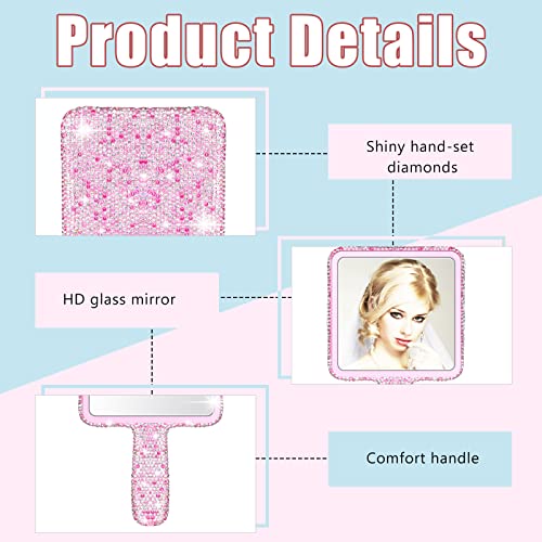 Bucherry 2 Pcs Rhinestone Hand Mirror Wedding Bling Hand Held Mirrors Adorable Dazzling Cosmetic Portable Decorative Personal Makeup Mirrors For Women Girls Bride Wedding Gift, Pink White (Square) #TOP2