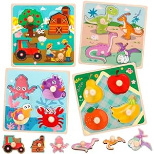 4 Set Wooden Puzzles for Kids 3-6 Year Olds, Chunky Child Puzzles Jigsaw Toys Farm Animals Friut Peg Puzzle, Wooden Toys Kid Fine Motor Skill Learning Educational Toys Gifts for Child, Kid