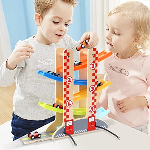 Bedmoimo Wooden Car Ramp Vehicle Toy Playsets For 1 2 3 4 5+ Year Old Baby Gifts, Montessori Toddler Adventure Toys With 5 Mini Cars, Car Race Tracks Games For Age 1+ Toddler Boys Girls Gift Toys #TOP6