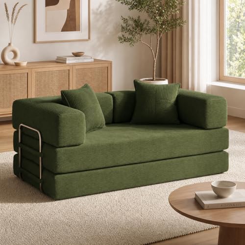 Vipbear 2 Seater Boneless Sofa Bed 5-in-1 Convertible Modular Couch Corduroy Folding Compressed Packed with Fixed-Shape Frame for Living Room Bedroom 160cm Green