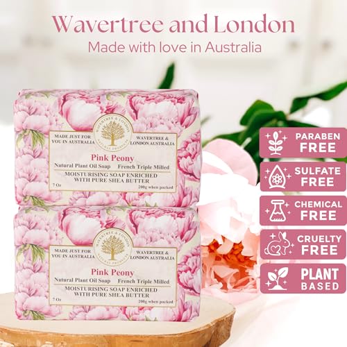 Image of Wavertree & London Pink Peony Scented Natural Soap (2 Bars), 7oz Moisturizing French Triple Milled Soap Bars enriched with shea butter - Pure Plant Based Bath & Body Bars for All Skin Types