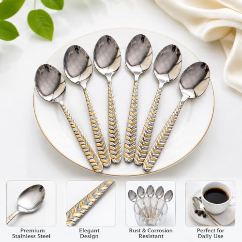 Image of Golden Coffee Spoon (Pack of 6) 15 cm Long Premium Golden Finish Stainless Steel Luxury Tea & Coffee Spoons Dessert, Soup, Daily Use Elegant Gold Tableware with Modern (Silver)