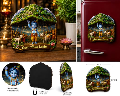 Image of Govardhan Leela Krishna Fridge Magnet, Decorative Multicolour Refrigerator Magnet, Spiritual Decor|Krishna Decorative Magnet | Full Back Magnetic Fridge Sticker | Spiritual Kitchen Decor | 3x3 Inch