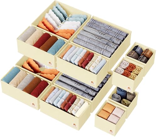 Image of ZenStorage 12 Pack Drawer Organizer for Baby Clothes, Nursery Organizer for Baby Diaper, Collapsible Deep Fabric Drawer Organizer with Zipper for Socks, Bra, Towels, Ties, Pale Yellow