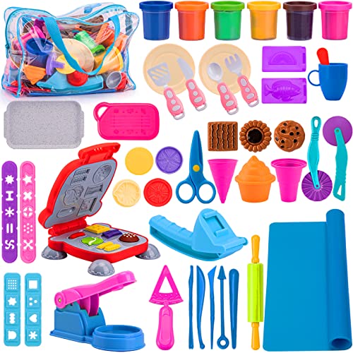Playdough Tool Sets for Kids, 48 Pcs Multicolor Dough & Play Dough Tools - Burger Barbecue Set, Cupcakes Playset, Noodle, Cookie Creations, Playdough Bulk Pack with Dough Mat and Bag Toddler Gifts