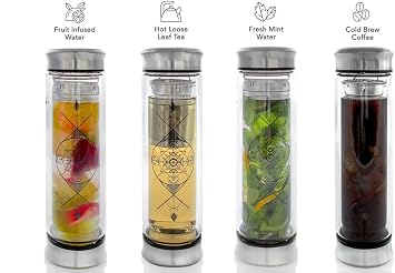 Teabloom All-Beverage Infusion Bottle 14 oz / 400 ml Double Wall Insulated Glass Travel Flask Hot Tea & Cold Brew Coffee Thermos Removable Sleeve