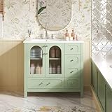 Virubi 36 Inch Cottage Bathroom Vanity with Ceramic Sink, Storage Cabinet with 4 Drawers & 2 Glass Doors, Solid Wood Frame