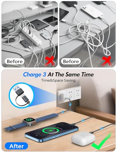 Image of 1Pack Multi Charging Cable Cord for Travel Essentials,Apple Watch Charger,iPhone Charger,[3-in-2] Type C /Lightning Cable Portable Designed for iWatch,iPhone 17-8,Galaxy S26-21,AirPods,iPad-1.5M Black