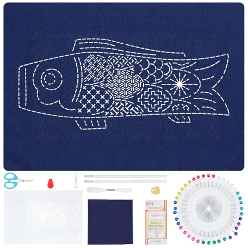 Image of FREEBLOSS DIY Sashiko Placemats Kit Sashiko Embroidery Kit Carp Flag Pattern Placemats Hand Sewing Kit with Instructions Sashiko Kit for Beginners Practice