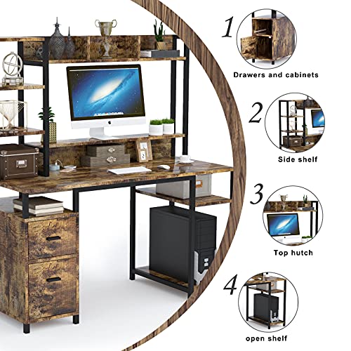 Pakasept Computer Desk With Hutch And Storage Shelf, 55" Home Office Desk With Drawer And Monitor Stand Riser Drawer Industrial Study Writing Table Workstation For Home And Office #TOP6