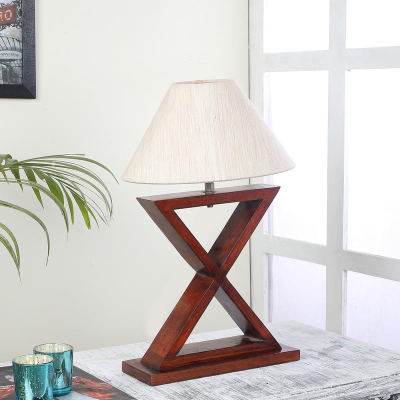 Image of tu casa Table Lamps with Mango Wood Base & Off-White Cotton Shades for Home Decor, Bedrooms, Living Room, Gifting, Diwali Decoration, Dining Space, Study Room, Hall (Height- 42cm) - Bulb not Included