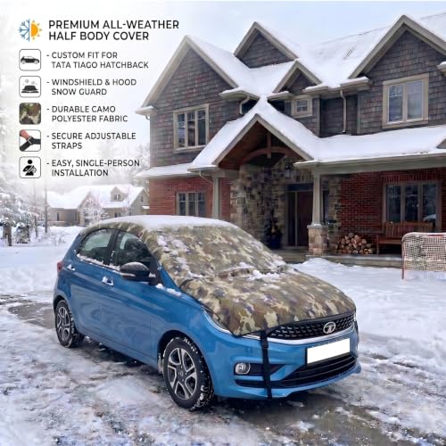 Image of Pivalo Half Car Body Cover for Hatchback Cars (All Models & Years) | 100% Waterproof Outdoor UV & Heat All Weather Protection | Triple Stitched 3 Layer with Adjustable Straps Cover (Military /Army)