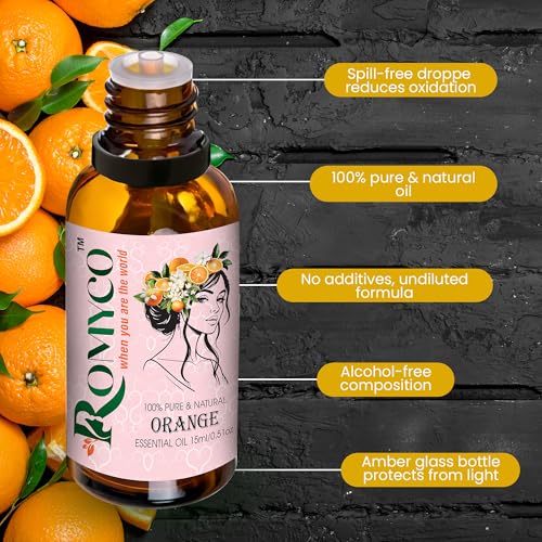 Image of Romyco Sweet Orange Essential Oil 30ml for Skin Care, Mood Uplift | Fresh Citrus Aroma | Aromatherapy, Use in Diffuser | Pure, Natural & Undiluted