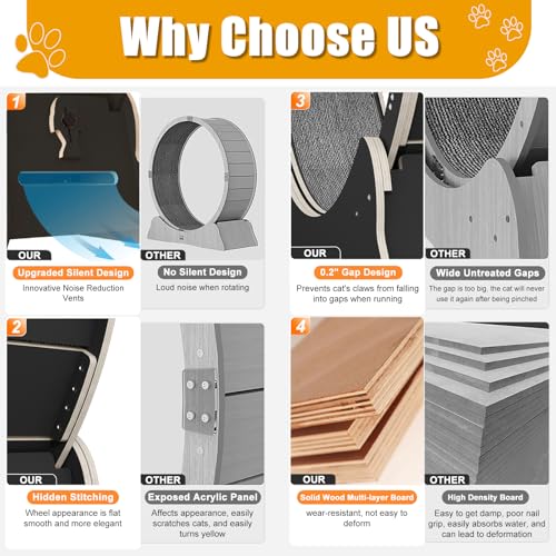MIWOOYY Ruota per Gatti Grandi per Correre 100cm, Tapis Roulant per Gatti in Legno Massello Nero per Interno, Ruota per Esercizi di Sicurezza per Gatti con Serratura & Design del Gap Ridotto al Minimo - 3