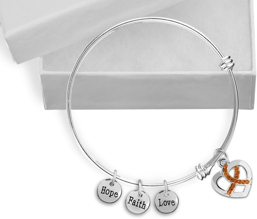 Fundraising For A Cause 5 Pack Kidney Cancer Awareness Orange Ribbon Crystal Charm Retractable Bracelets