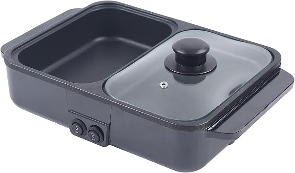 TFCFL Electric Grill and Hot Pot, 2 in 1 Barbecue Hot Pot Grill with Dual Temp Control, Non-Stick Pan 1200W, Mini Smokeless Korean BBQ/Shabu for 2-3 People Home Dormitory (Black)