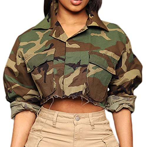 Voghtic Camo Coat for Women Lapel Neck Button Down Camouflage Cropped Jackets Tops with Multi Cargo Pockets