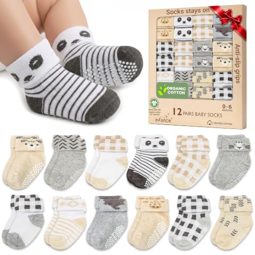 Image of GOTS Organic Cotton Blend 12 Baby Socks with Grips 0-6 M Girl Non Slip Gift | Oeko-Tex Certified, Baby Socks, 12 Pairs, Baby Boy Socks, Infant Socks, Brown, For Baby Boys, 0-6 Months, No more digging