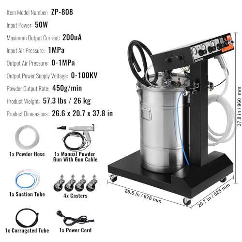 Image of VEVOR Powder Coating System, 50W 100KV Electrostatic Output Machine with 50L Powder Hopper, 450g Per Minute Kit with Spray Gun and Trolley Base, Indoor and Outdoor