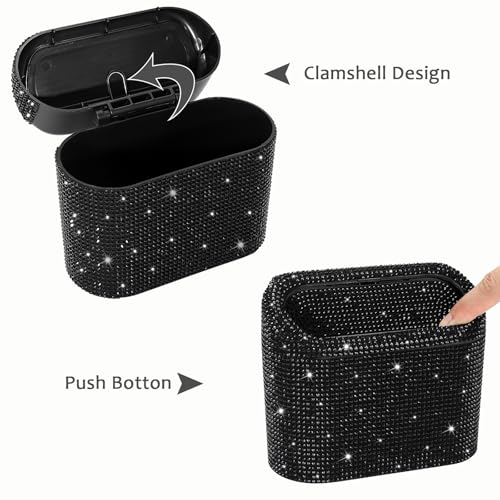 Image of Accmor Bling Car Trash Can with Lid, Mini Vehicle Garbage Organizer Storage Bin Dustbin, Sparkling Crystal Rhinestone Holder Container with 30pcs Garbage Bags Car Accessories