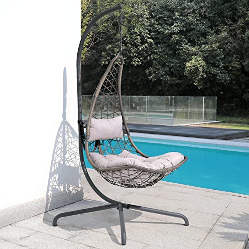 Sunsitt Swing Egg Chair Outdoor Indoor Wicker Hammock Hanging Chair Patio Lounge Chair With Stand And Cushions For Balcony, Deck, Bedroom, Grey Wicker #TOP20