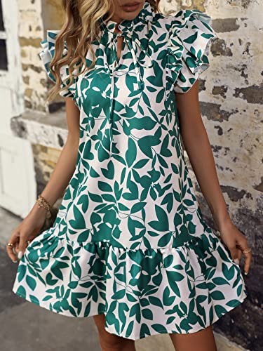 Sweatyrocks Women's Graphic Print Short Sleeve Tie Neck Dress Ruffle Hem Summer Short Dresses Green White L #TOP4