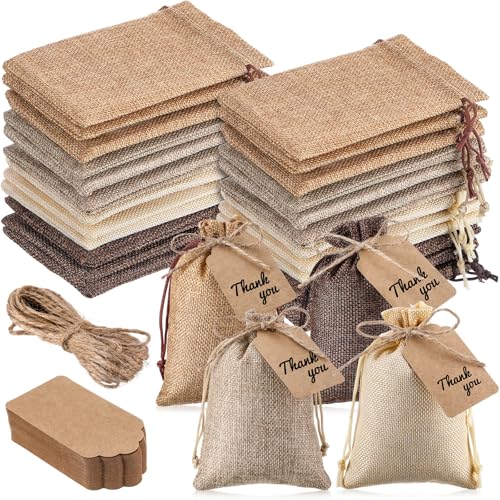 Woanger 100 Pcs Drawstring Burlap Gift Bags 4x6'' with Tags, Hemp Brown Mix