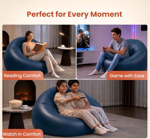 Image of Sattva Classic 2XL Bean Bag Chair with Beans Filled | Sofa Style Faux Leather Beanbags with Beans | Pre-Filled Bin Bags Sofa & Beam Bag for Adults | Home & Office, Navy Blue