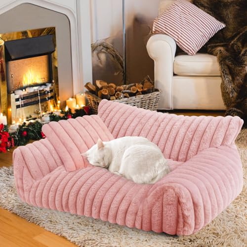 Cute Cat Couch Bed for Indoor Cats Fluffy Pet Cat Sofa with Premium Soft Corduroy Fleece Cute Small Dog Beds for Small Dogs Fuzzy Puppy Chair with Removable Washable Cover (24x18x10 Pink)
