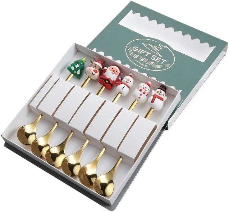 Silverware Flatware Set, Stainless Steel Dessert Spoon Christmas Cartoon Creative Gift Box(Silver,4Set)