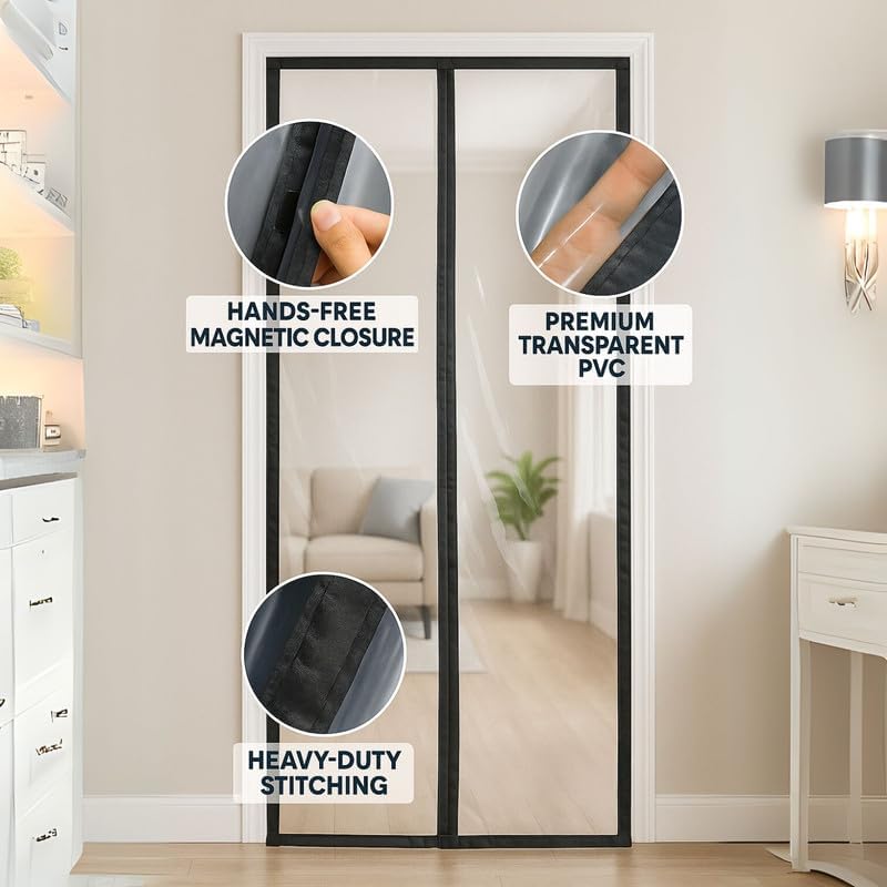 Image of Royalkart Transparent PVC Magnetic Door Curtain | Hands Free Self-Closing Screen | Blocks Insects & Outside Dust | Clear See-Through Screen for Home, Kitchen, AC Room, Shop | Door Size- 100cm x 205cm
