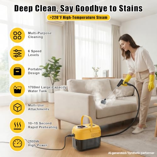 Image of DXD Handheld Steam Cleaner,New Generation 2500W High Pressure Steam Cleaner for Home,1700ML Large Tank Portable Steamer for Cleaning,10s Rapid Heating,21pcs Accessories,for Car,Home Grease Detailing