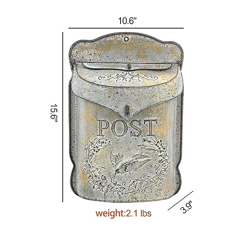 Image of Wall Mount Mailbox for Outside Vintage Mail Boxes for House Outside Metal Door Mailbox Drop Box Antique Style Nostalgic Charm Home Decorative, Bird Pattern, Gray