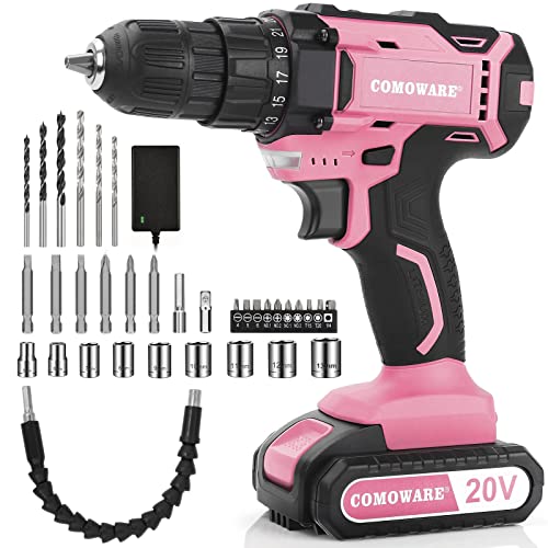Comoware Pink Power Drill, 20V Pink Cordless Drill, Pink Drill Set For Women, 1 Battery & Charger, 3/8" Keyless Chuck, 2 Variable Speed, 0-350 & 0-1300 Rpm, 25+1 Position And 34Pcs Drill/Driver Bits #TOP18