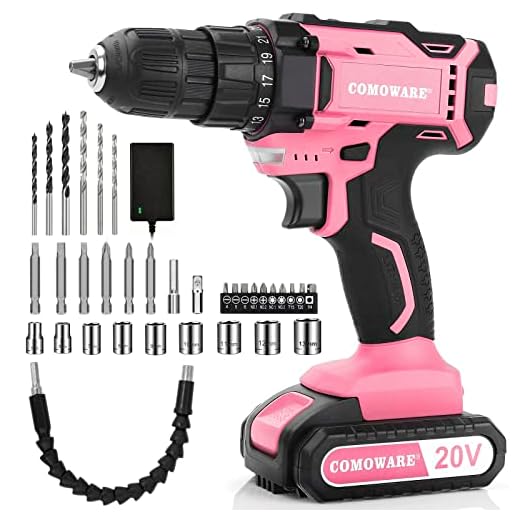COMOWARE Pink Power Drill, 20V Pink Cordless Drill, Pink Drill Set for Women, 1 Battery & Charger, 3/8" Keyless Chuck, 2 Variable Speed, 266 In-lb Torque, 25+1 Position and 34pcs Drill/Driver Bits