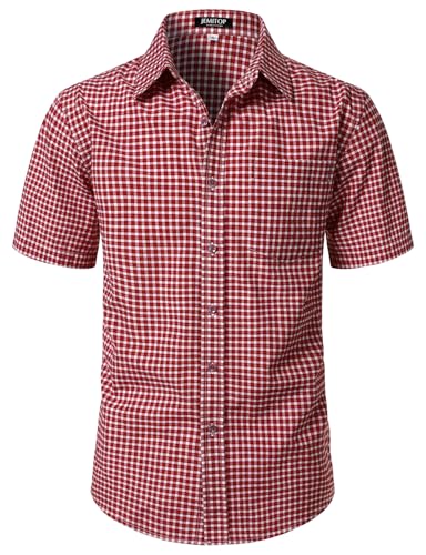 JEMITOP Mens Lightweight Slim Fit Short Sleeve Button Down Shirt Business Casual Plaid Dress Shirts with Pocket Red Gingham L