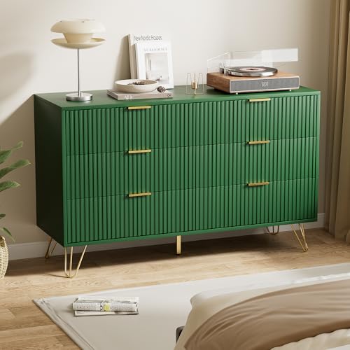Image of Furniway Green Dresser for Bedroom, Modern Dresser with Gold Metal Handles & Chests of Drawers for Bedroom, 15.7 inch D x 47.2 inch W x 29.5 inch H