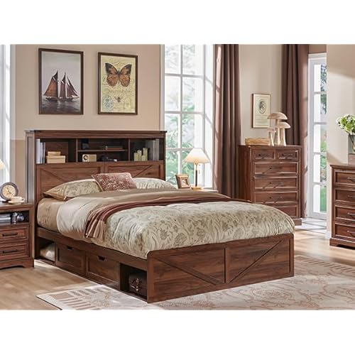 ACCOHOHO Farmhouse Queen Size Bed Frame with 52" Tall Storage Headboard and LED Light,Wood Platform Bed Frame with 4 Drawers and Charging Station,Solid Wood Slats Support,No Box Spring Needed,Brown