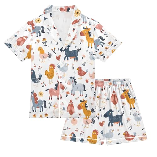 ALAZA Horse Cow Chicken Bird Pajamas Satin Pajama Set Short Sleeve Button Down Sleepwear