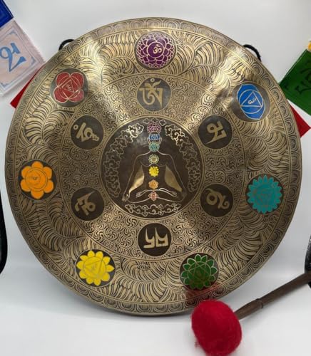 Sju chakra tibetansk gong med Om Mane Padme Hum Manta etsning - Handgjord helande gong - Djupt ljudvibrationer stående klocka för yoga, helande