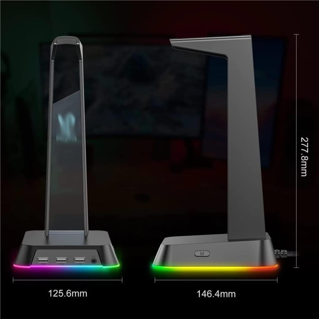 Soporte para Auriculares Gaming RGB, Base Escritorio Logo Luminoso con 3 Puertos USB, Estante exhibidor para audífonos de Ordenador,Rosado