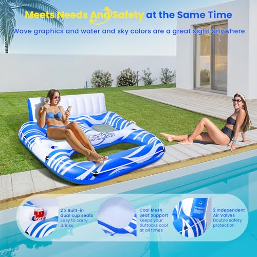 Image of Inflatable Pool Floats Adults, Large Pool Lounger Chair Floaties with Cup Holders Backrest Footrest, Tanning Water Float for Swimming Pool Lake River Sea, Pool Raft Carry 300lb Adults