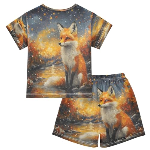 ALAZA Magic Fox Yellow Leaf Pajamas Set Short Sleeve Cotton Sleepwear Summer Pjs 2 Piece 5-14Y2