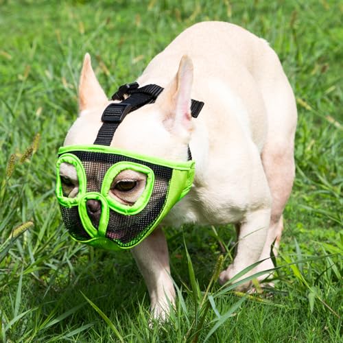 Image of Short Snout Dog Muzzles- Adjustable Breathable Mesh Bulldog Muzzle for Biting Chewing Training Grooming Dog Mask,Green L