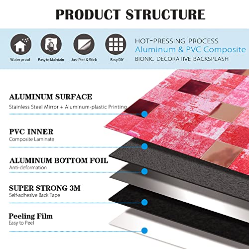 Homeymosaic 10-Sheets Peel And Stick Backsplash Tile For Kitchen Bathroom Countertop Fireplace Metal Mosaic Wall Decor Square Plaid Peacock Pink Copper #TOP7