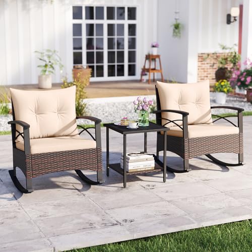 Image of Tangkula 3 Pieces Wicker Outdoor Rocking Chairs Set | Heavy Duty | Cushioned | Rattan Rocker Bistro Set w / 2-Tier Tempered Glass Coffee Table for Garden, Balcony, Backyard