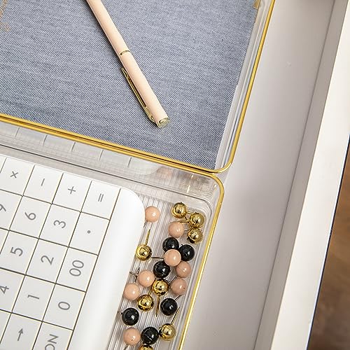 Image of Martha Stewart Kerry Plastic Stackable Office Desk Drawer Organizers, 9 inch x 6 inch, 3 Pack, with Gold Trim