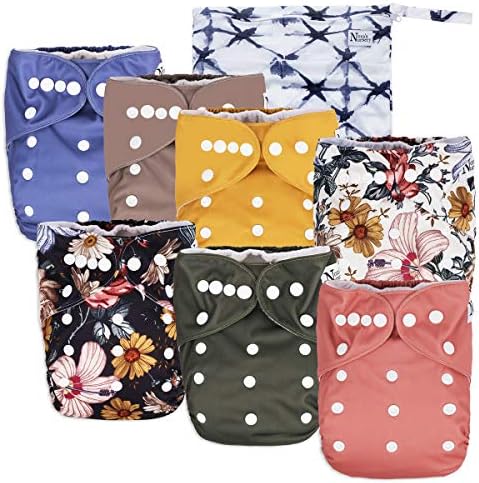 Harlow Baby Cloth Pocket Diapers 7 Pack, 7 Bamboo Inserts, 1 Wet Bag by Nora's Nursery