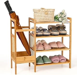 COSTWAY 4-Tier Bamboo Shoe Rack with Umbrella Holder, Freestanding Wooden Shoe Shelf Storage Stand, Home Hallway Entryway Shoes Organiser Unit